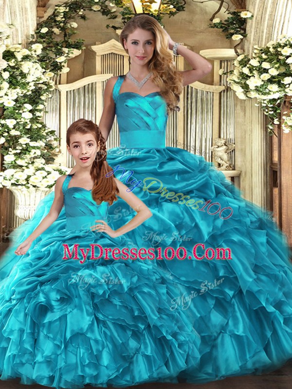 Adorable Halter Top Sleeveless Organza Ball Gown Prom Dress Ruffles and Pick Ups Lace Up