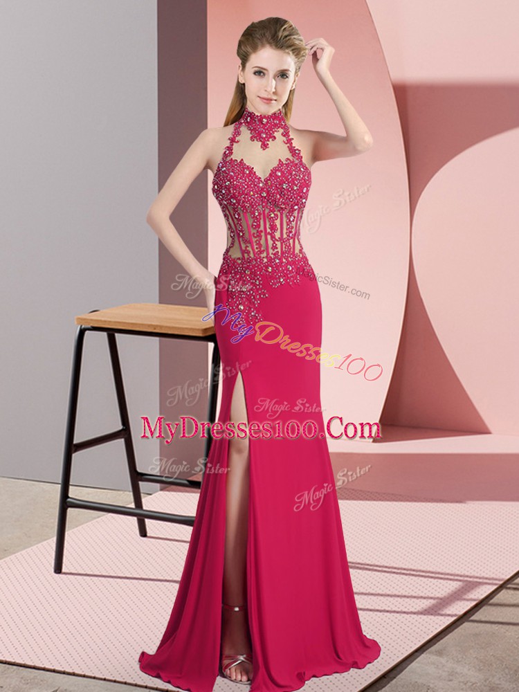 Stunning Sleeveless Chiffon Floor Length Backless Military Ball Dresses in Hot Pink with Beading