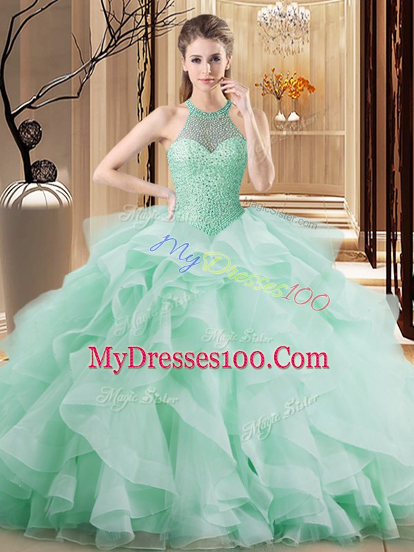 Apple Green Ball Gown Prom Dress Organza Brush Train Sleeveless Beading and Ruffles