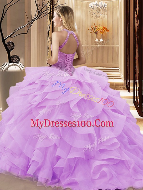Apple Green Ball Gown Prom Dress Organza Brush Train Sleeveless Beading and Ruffles