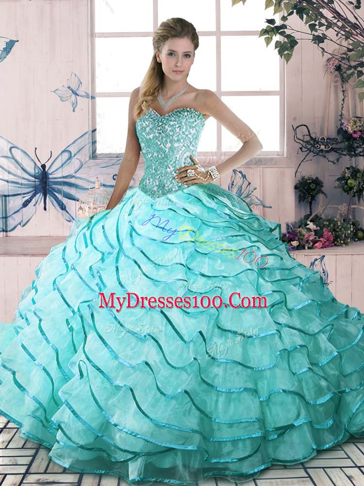 Custom Designed Sleeveless Brush Train Lace Up Beading and Ruffled Layers 15 Quinceanera Dress