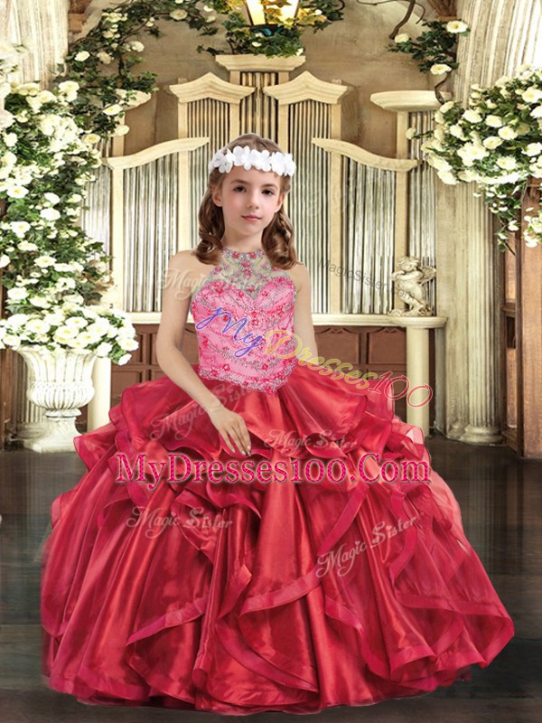 Red Lace Up Halter Top Beading and Ruffles Pageant Gowns For Girls Organza Sleeveless