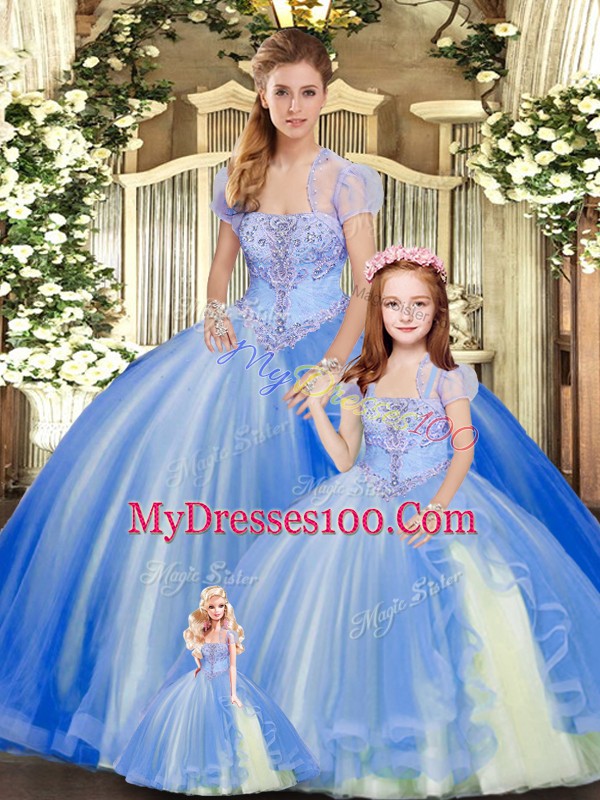 Modest Blue Strapless Neckline Beading and Ruffles Quinceanera Gowns Sleeveless Lace Up
