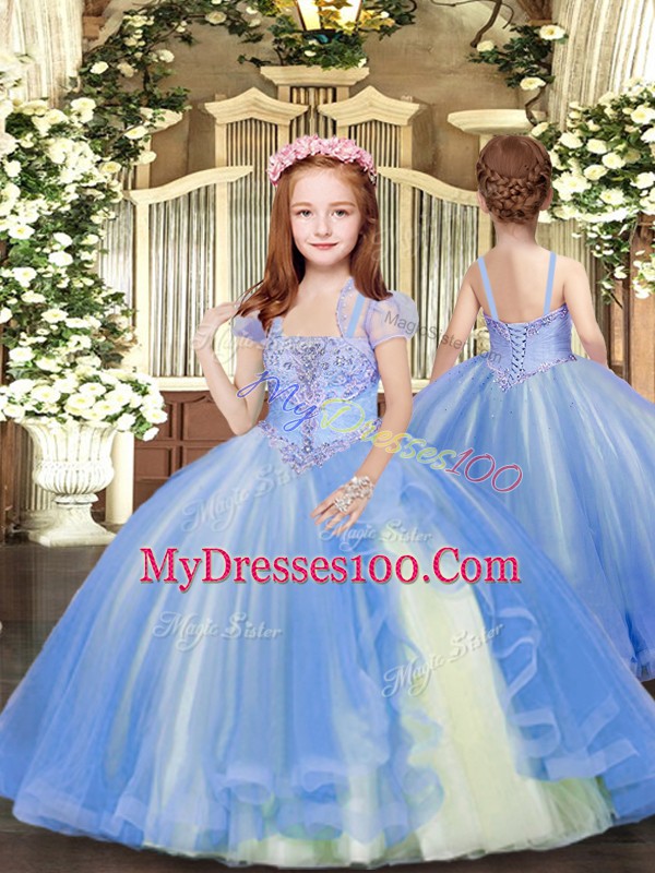 Modest Blue Strapless Neckline Beading and Ruffles Quinceanera Gowns Sleeveless Lace Up