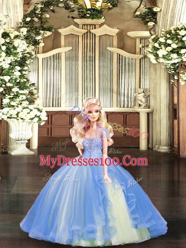 Modest Blue Strapless Neckline Beading and Ruffles Quinceanera Gowns Sleeveless Lace Up