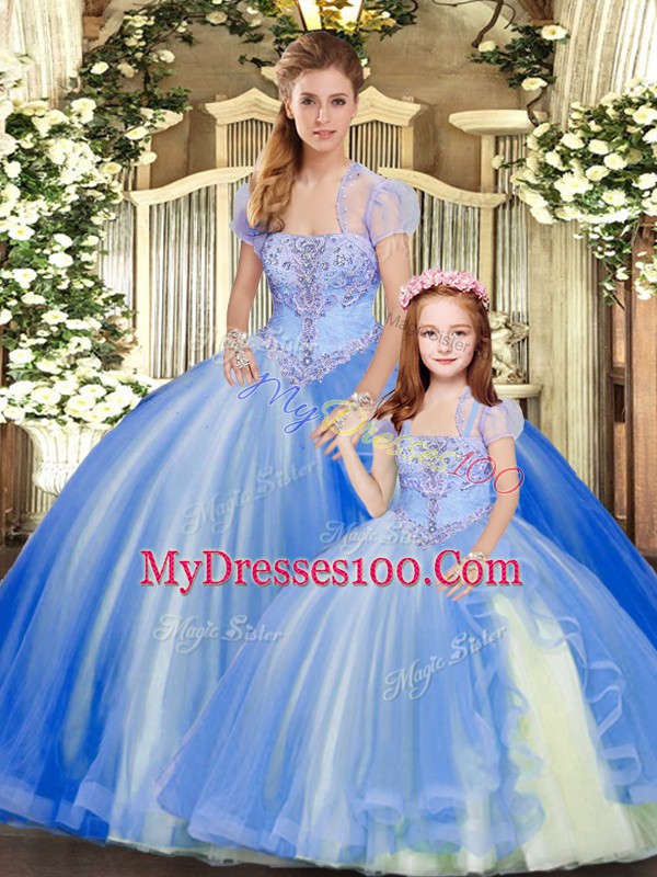 Modest Blue Strapless Neckline Beading and Ruffles Quinceanera Gowns Sleeveless Lace Up