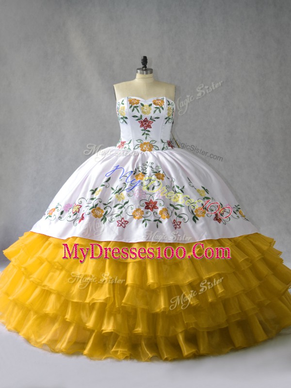 Sleeveless Organza Floor Length Lace Up 15 Quinceanera Dress in Gold with Embroidery and Ruffled Layers