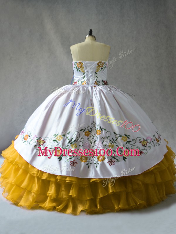 Sleeveless Organza Floor Length Lace Up 15 Quinceanera Dress in Gold with Embroidery and Ruffled Layers