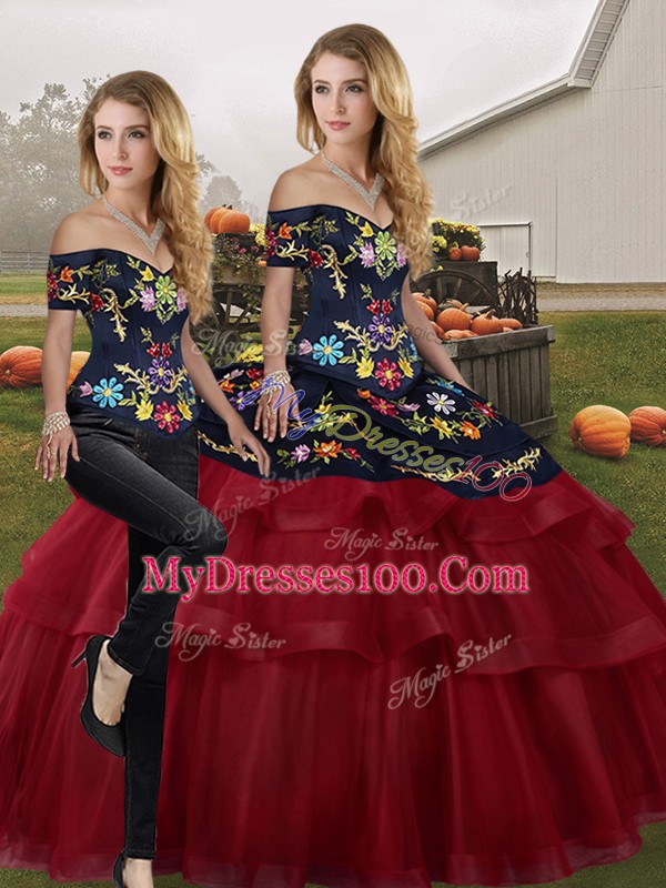 Fashion Embroidery and Ruffled Layers 15th Birthday Dress Wine Red Lace Up Sleeveless Brush Train
