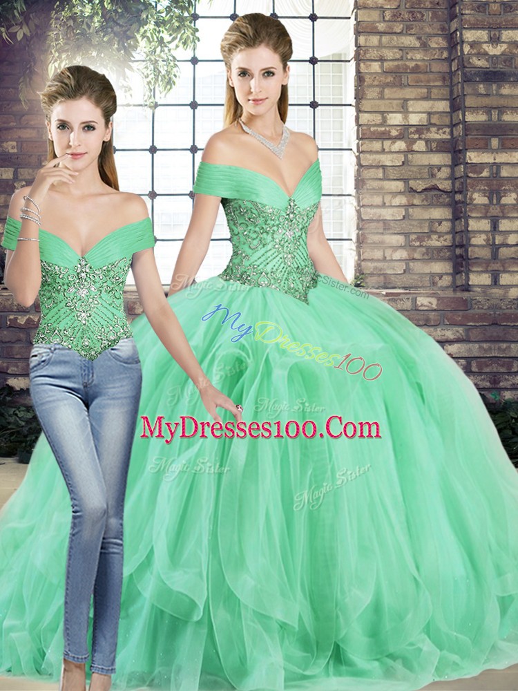Exquisite Apple Green Sleeveless Tulle Lace Up Quinceanera Dresses for Military Ball and Sweet 16 and Quinceanera