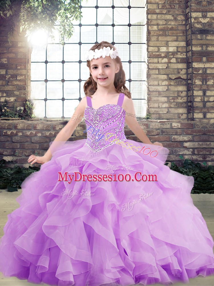 Wonderful Sleeveless Lace Up Floor Length Beading and Ruffles Pageant Gowns For Girls