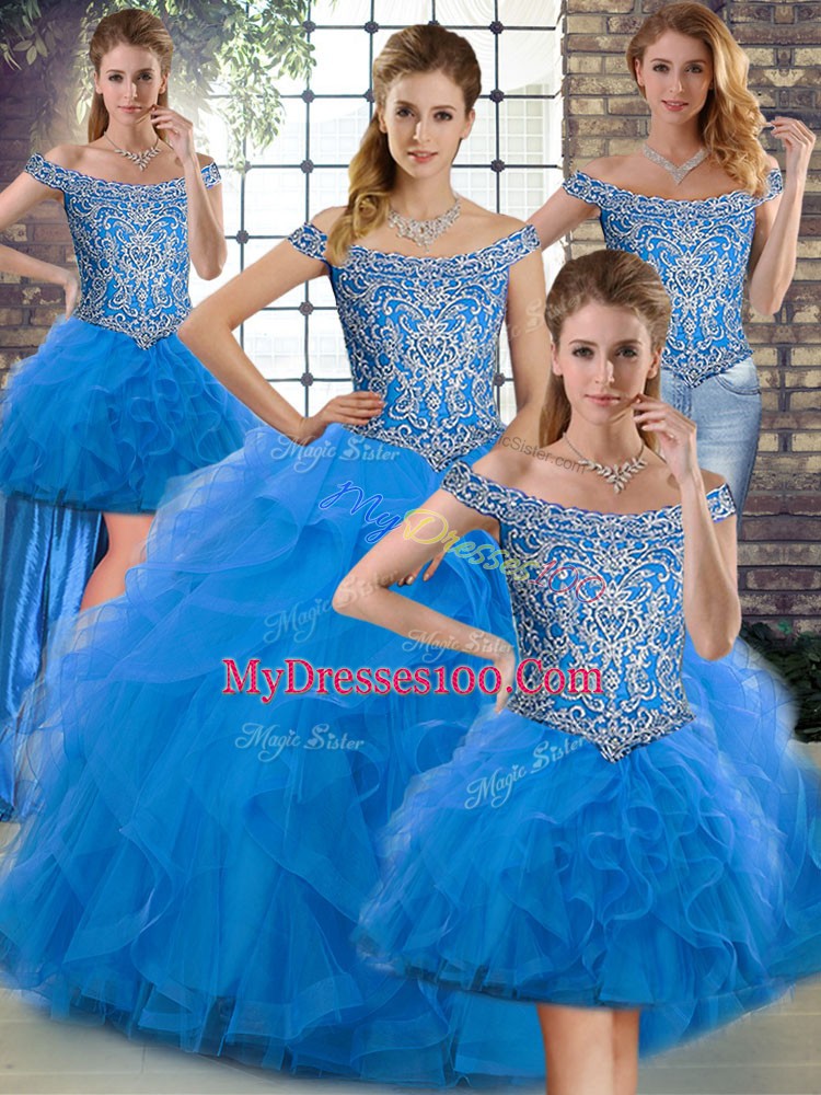 Low Price Blue Quinceanera Gown Tulle Brush Train Sleeveless Beading and Ruffles