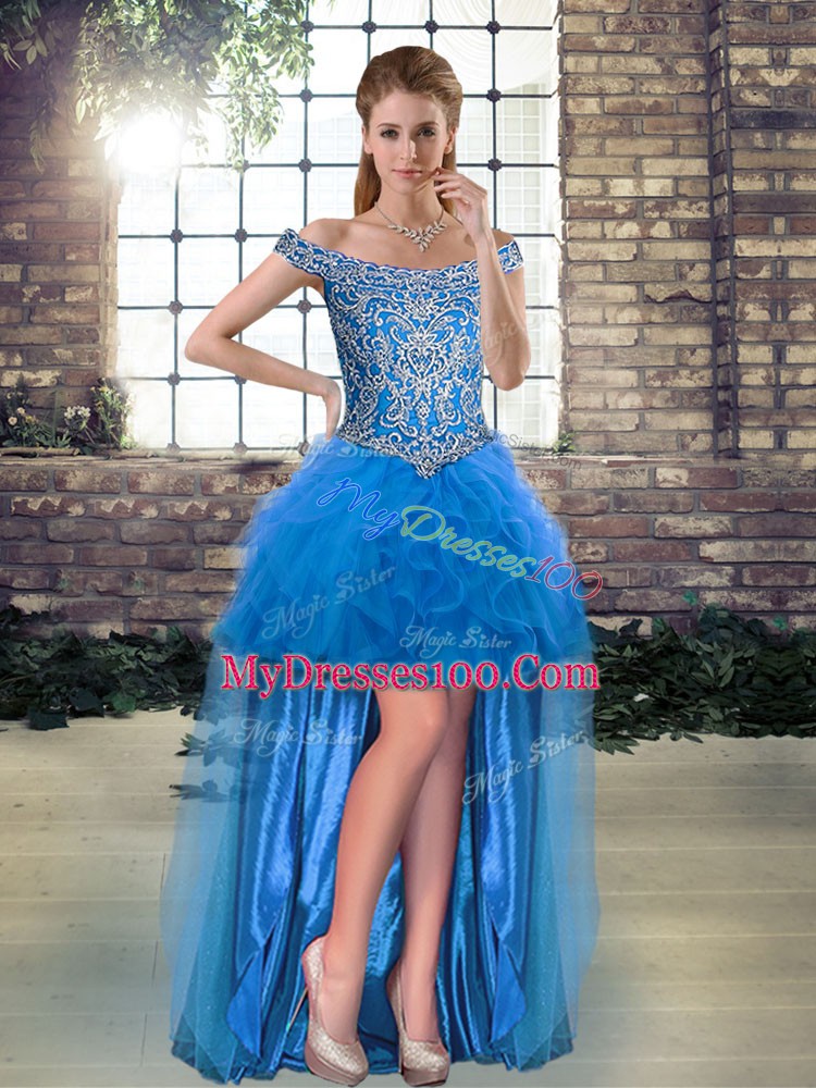 Low Price Blue Quinceanera Gown Tulle Brush Train Sleeveless Beading and Ruffles