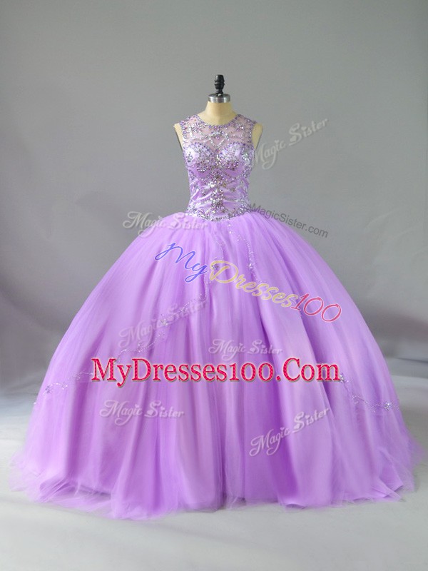 High Class Scoop Sleeveless Lace Up 15 Quinceanera Dress Lavender Tulle
