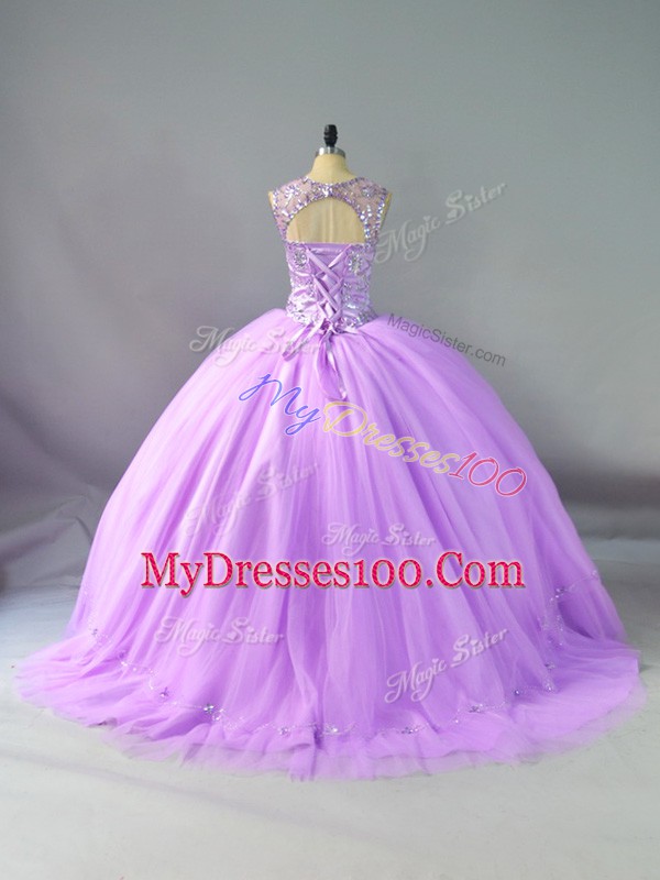 High Class Scoop Sleeveless Lace Up 15 Quinceanera Dress Lavender Tulle