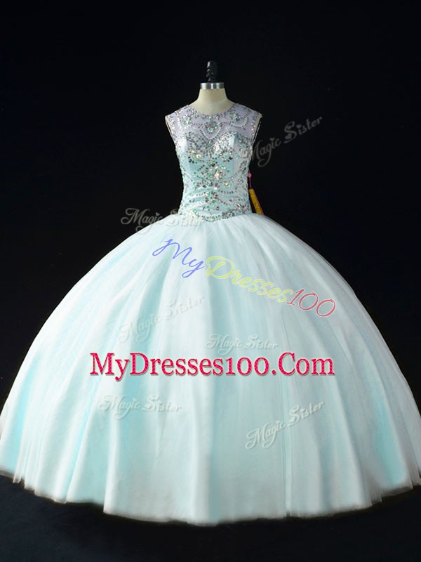 Luxury Scoop Sleeveless Lace Up Vestidos de Quinceanera Apple Green Tulle