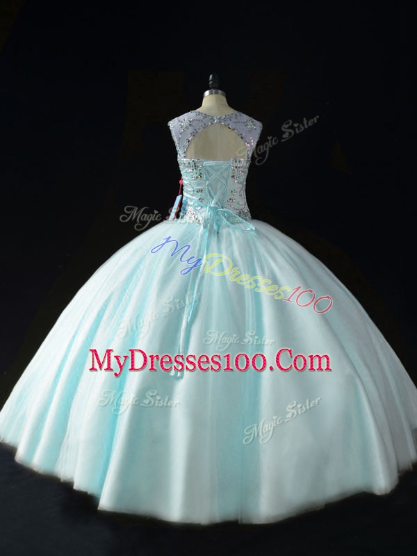 Luxury Scoop Sleeveless Lace Up Vestidos de Quinceanera Apple Green Tulle