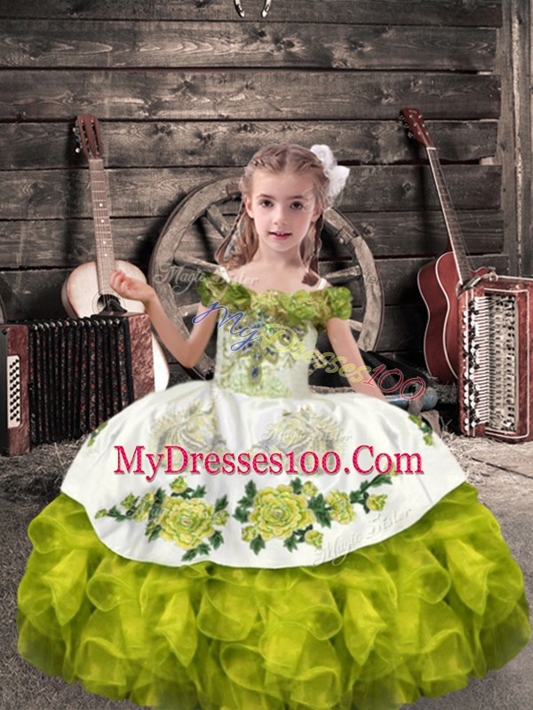 Custom Design Olive Green Off The Shoulder Neckline Beading and Embroidery and Ruffles Pageant Gowns For Girls Sleeveless Lace Up