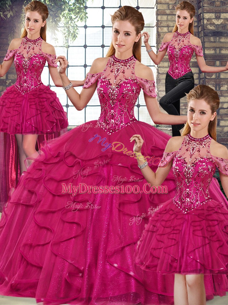 Shining Fuchsia Sleeveless Tulle Lace Up Sweet 16 Dress for Military Ball and Sweet 16 and Quinceanera