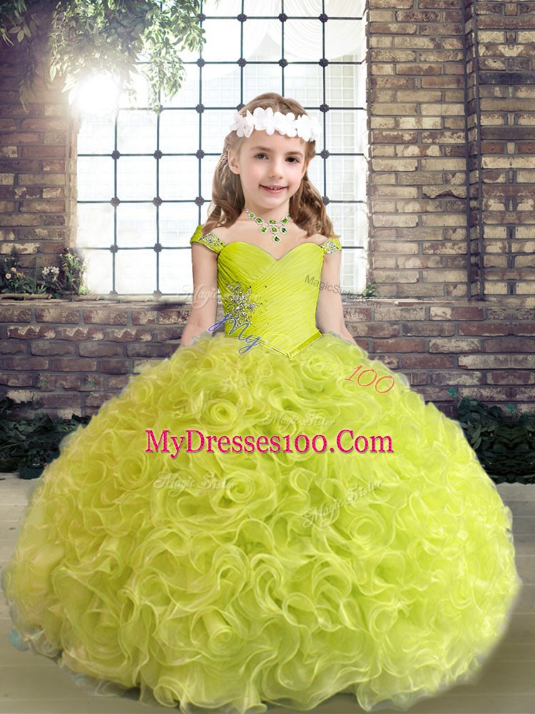 Beading and Ruffles Little Girls Pageant Dress Wholesale Yellow Green Lace Up Sleeveless Floor Length