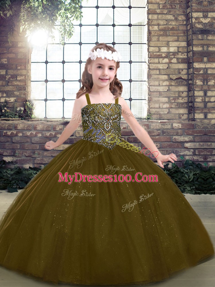 Amazing Brown Sleeveless Floor Length Beading Lace Up High School Pageant Dress
