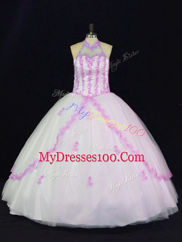 Noble Tulle Halter Top Sleeveless Lace Up Appliques Quinceanera Gown in White