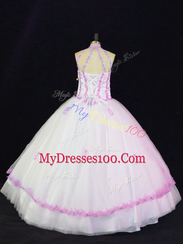 Noble Tulle Halter Top Sleeveless Lace Up Appliques Quinceanera Gown in White
