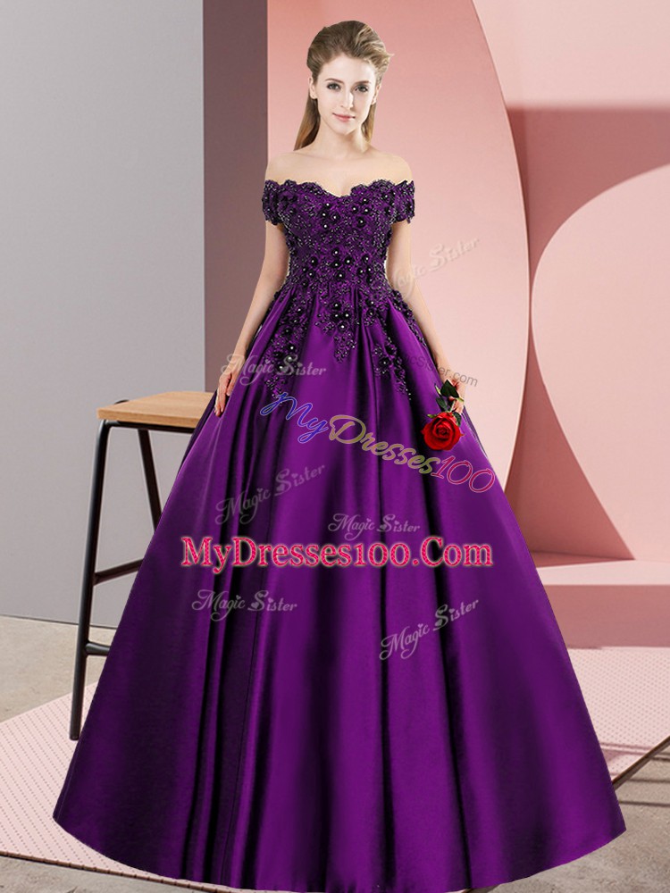 Sleeveless Floor Length Lace and Appliques Zipper Sweet 16 Dress with Eggplant Purple