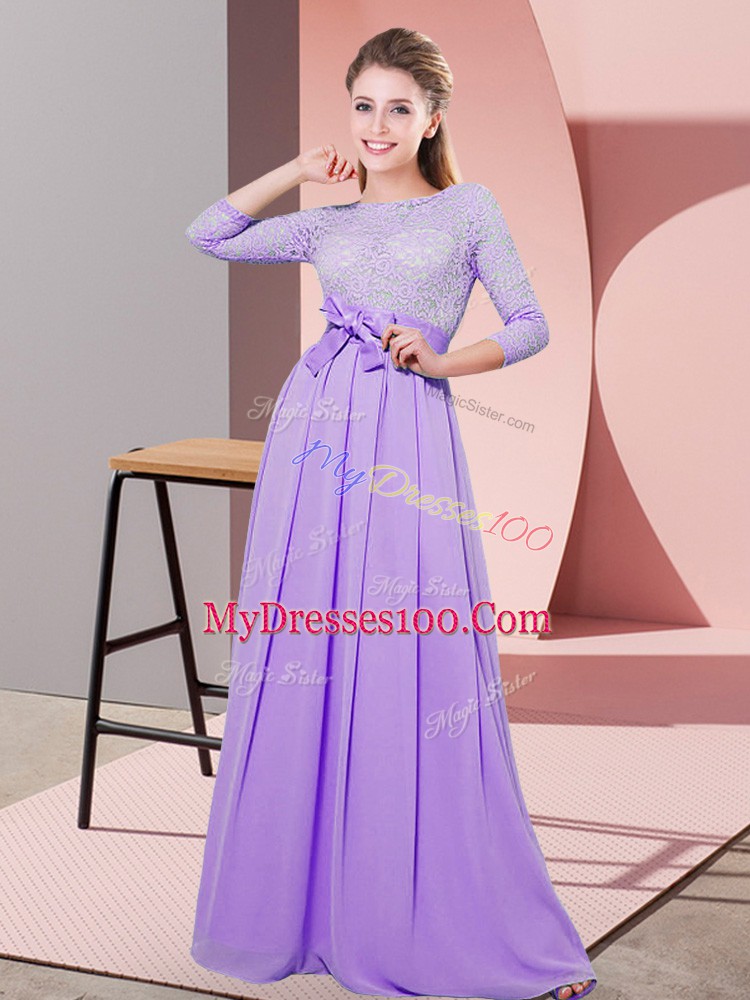 Lavender Scoop Neckline Lace and Belt Vestidos de Damas 3 4 Length Sleeve Side Zipper
