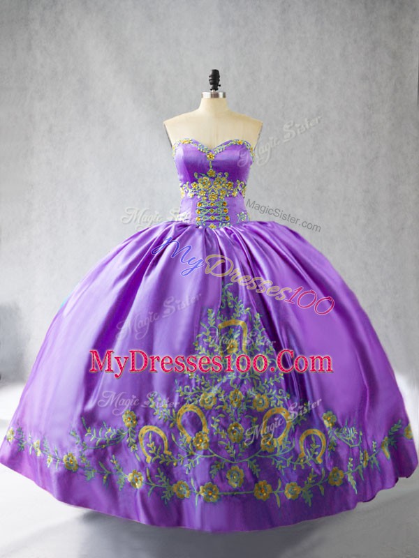 Custom Design Lavender Ball Gowns Embroidery Quinceanera Dresses Lace Up Satin Sleeveless Floor Length