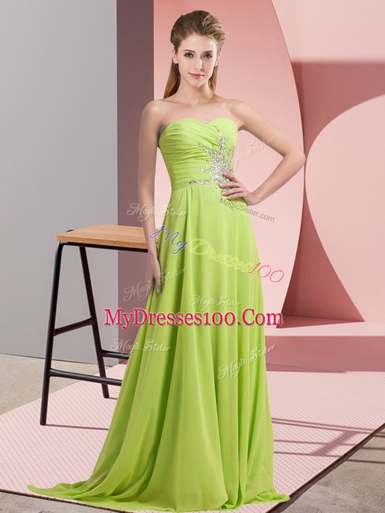 Designer Sweetheart Long Sleeves Lace Up Prom Party Dress Yellow Green Chiffon