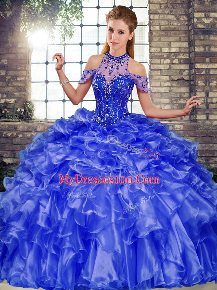 Sleeveless Floor Length Beading and Ruffles Lace Up Quince Ball Gowns with Blue