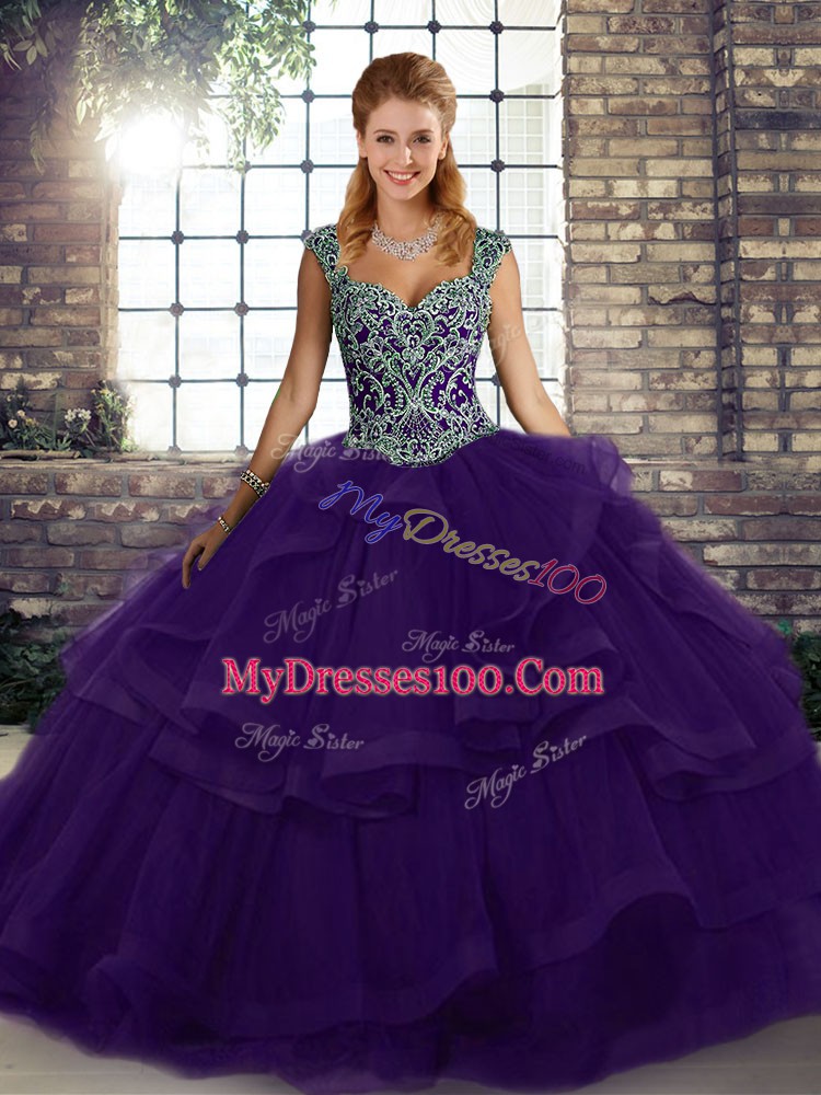 Purple Ball Gowns Straps Sleeveless Tulle Floor Length Lace Up Beading and Ruffles 15th Birthday Dress
