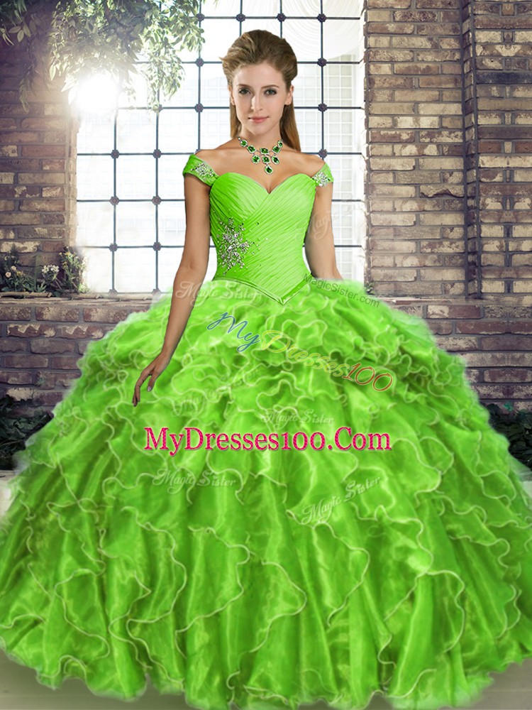 Sleeveless Brush Train Beading and Ruffles Quinceanera Gown