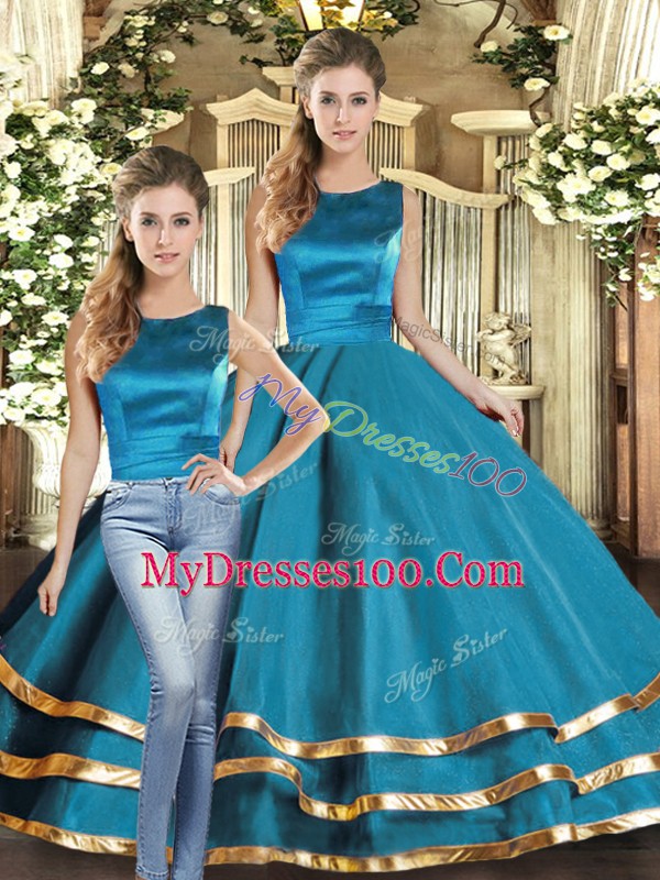 Teal Lace Up Scoop Ruffled Layers 15th Birthday Dress Tulle Sleeveless