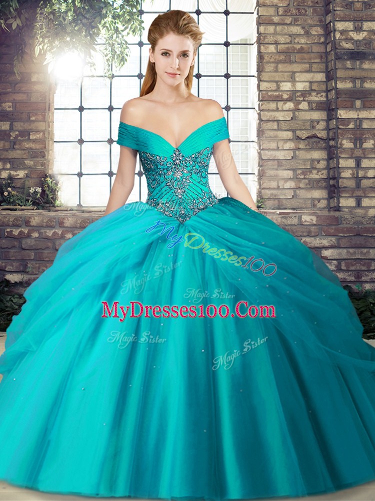 Off The Shoulder Sleeveless 15 Quinceanera Dress Brush Train Beading and Pick Ups Teal Tulle