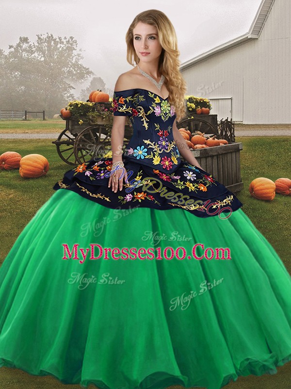 Sweet Sleeveless Tulle Floor Length Lace Up Ball Gown Prom Dress in Turquoise with Embroidery