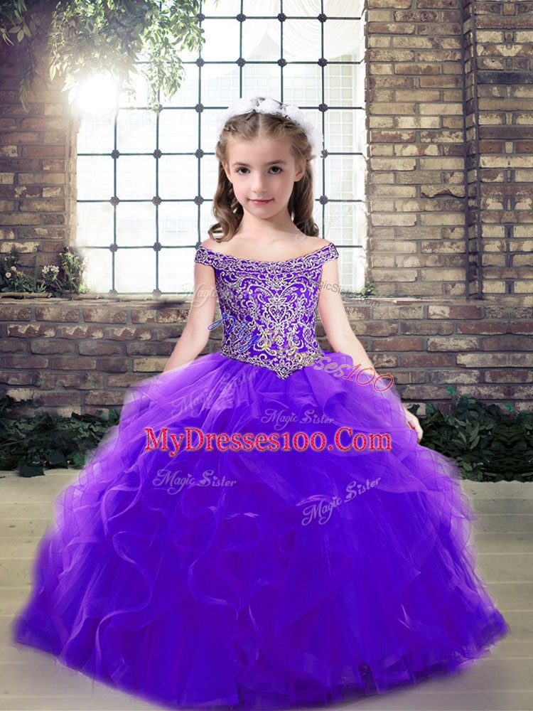 Dazzling Purple Little Girl Pageant Dress Party and Wedding Party with Beading and Ruffles Off The Shoulder Sleeveless Lace Up