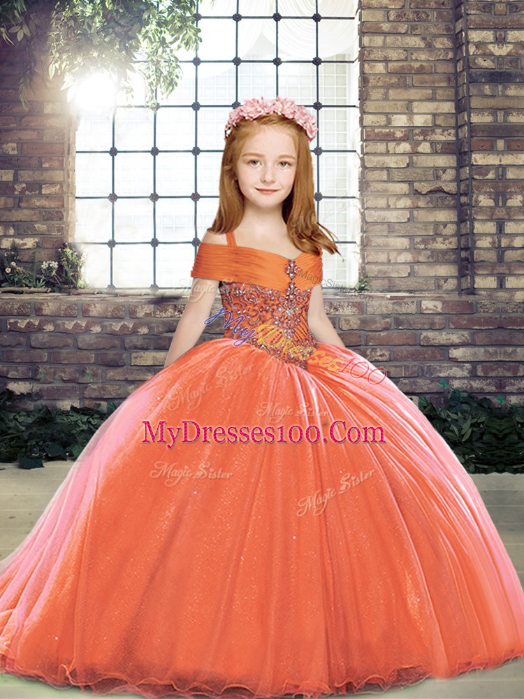 Orange Red Sleeveless Tulle Lace Up Kids Formal Wear for Party and Sweet 16 and Wedding Party