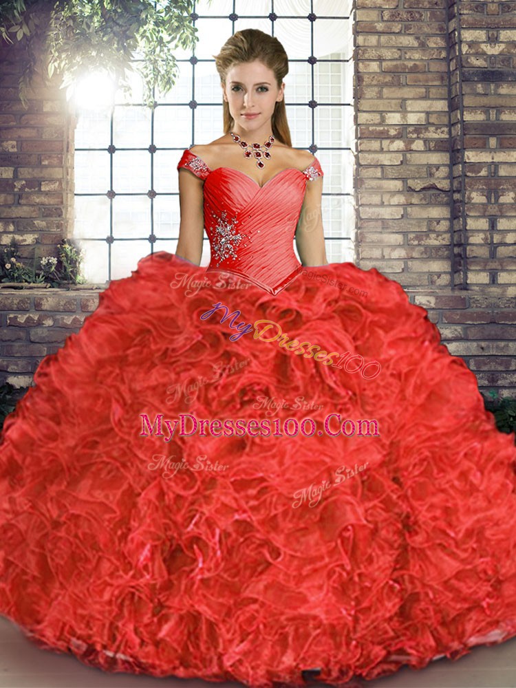 Coral Red Lace Up Off The Shoulder Beading and Ruffles Ball Gown Prom Dress Organza Sleeveless