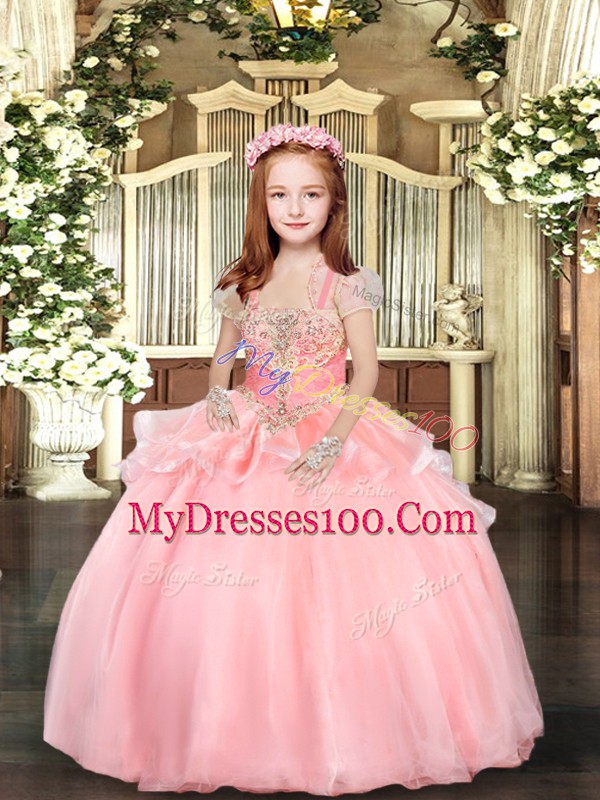 Sleeveless Floor Length Beading and Ruffles Lace Up Little Girls Pageant Gowns with Pink
