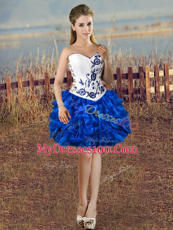 Sophisticated Blue And White Organza Lace Up Cocktail Dresses Sleeveless Mini Length Embroidery and Ruffles