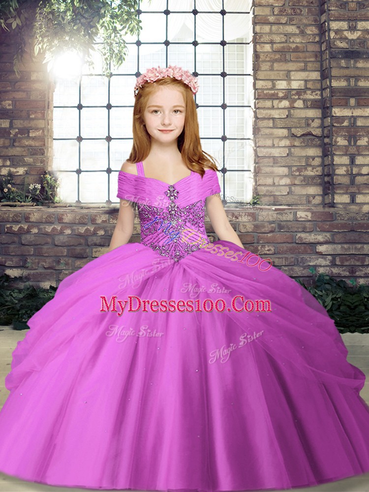 Tulle Sleeveless Floor Length Little Girl Pageant Dress and Beading
