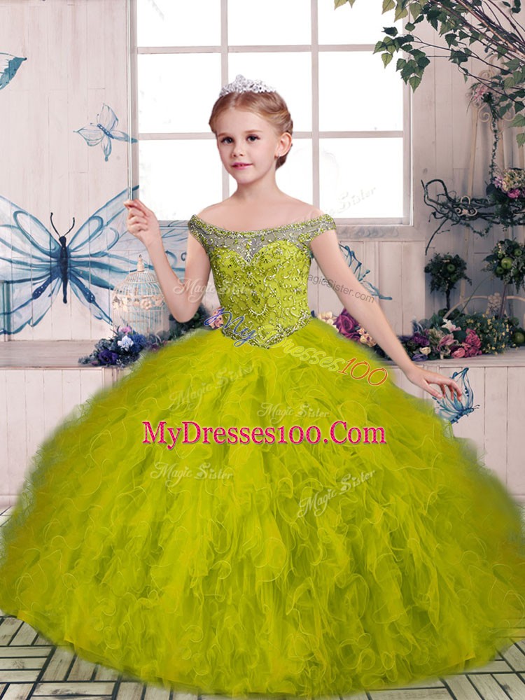 Sleeveless Tulle Pageant Dress for Womens Beading and Ruffles Lace Up