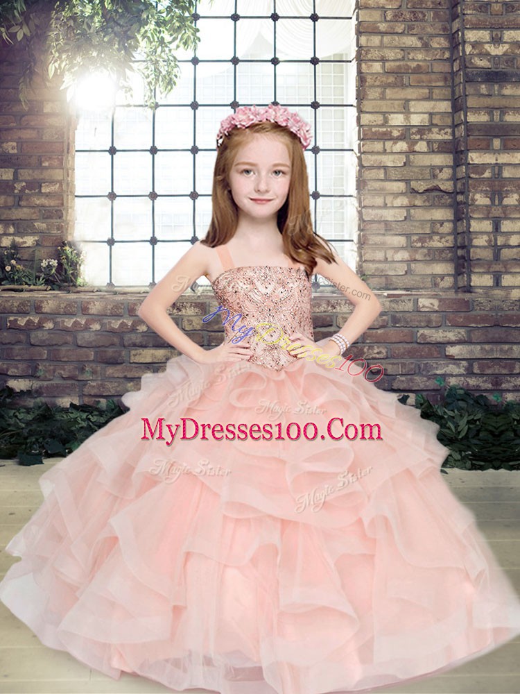 Cheap Floor Length Peach Pageant Dress Toddler Straps Sleeveless Lace Up