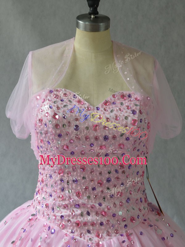 Shining Sweetheart Sleeveless Sweet 16 Dress Floor Length Beading Pink Tulle