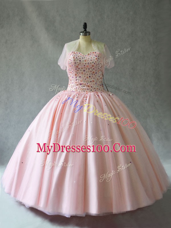 Shining Sweetheart Sleeveless Sweet 16 Dress Floor Length Beading Pink Tulle