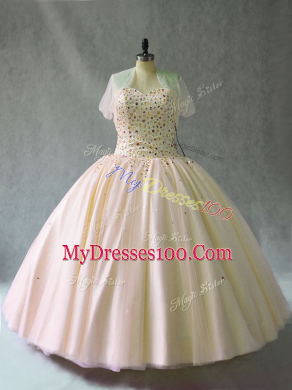 Shining Sweetheart Sleeveless Sweet 16 Dress Floor Length Beading Pink Tulle