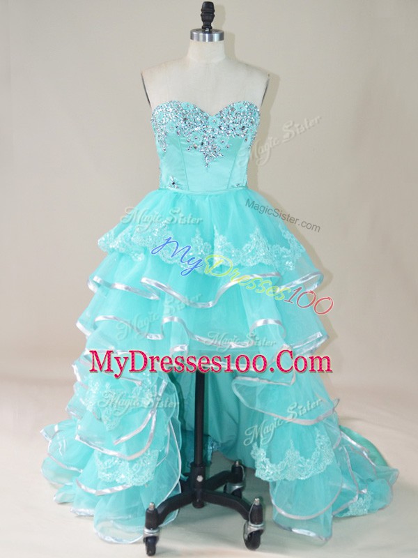 A-line Dress for Prom Aqua Blue Sweetheart Organza Sleeveless High Low Lace Up