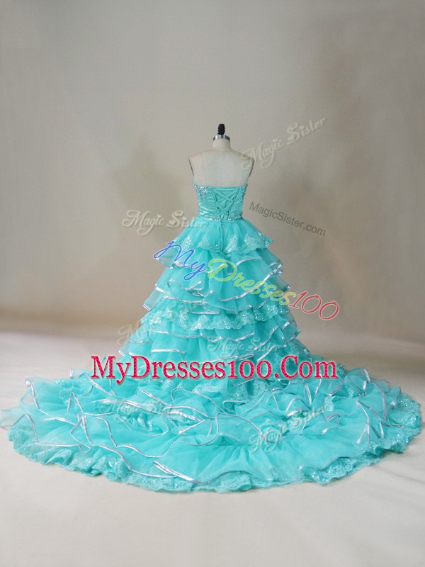 A-line Dress for Prom Aqua Blue Sweetheart Organza Sleeveless High Low Lace Up